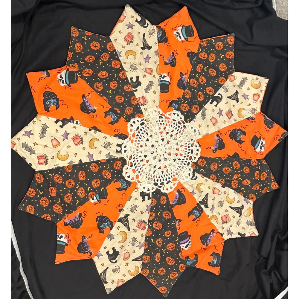 Handmade Halloween Patchwork Table Topper Starburst Crochet Lace Doily 24"